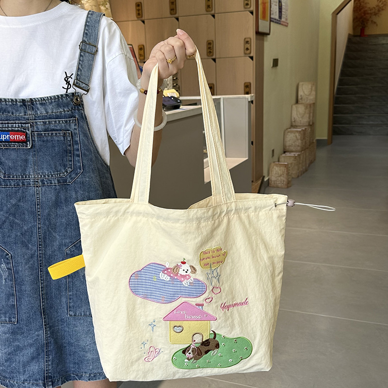 Cross-Border Foreign Trade New Japanese Cartoon Tote Bag Drawstring Large Capacity Shopping Bag Casual Simple Commuter Shoulder Bag