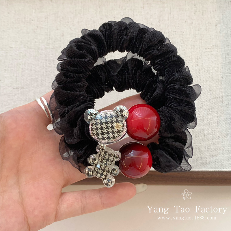 Pequín de alta elasticidad, perlas rojas, anillo de pelo de intestino delgado, simple y versátil, correa de goma, bola de cola de caballo, toque de pelo.