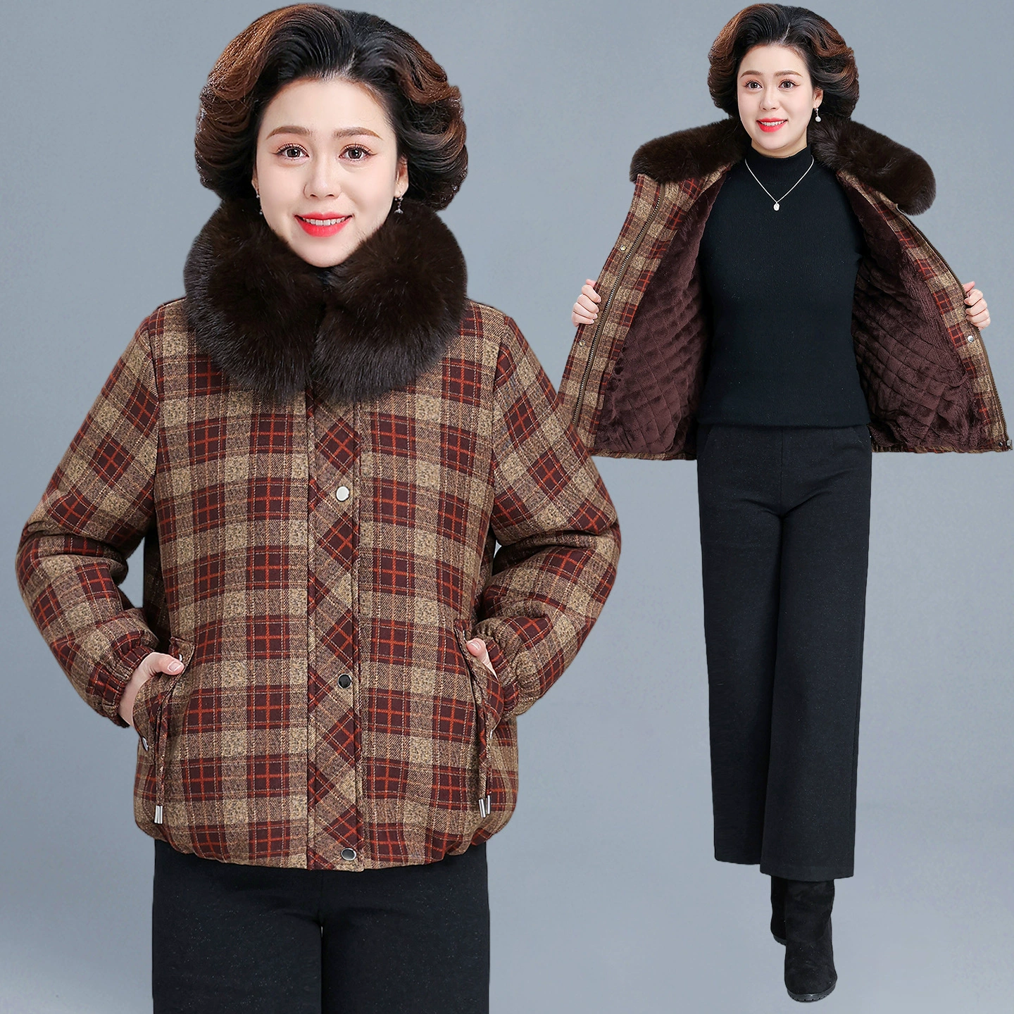 Short winter fleece down jacket for mother, for middle age, western style