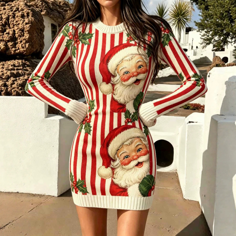 Cross-border Amazon Temu Christmas Round Neck Sweater Dress Digital Print Long Sleeve Bodycon Short Casual Dress Cross-border Amazon Temu Christmas Round Neck Sweater Dress Digital Print Long Sleeve Bodycon Short Casual Dress