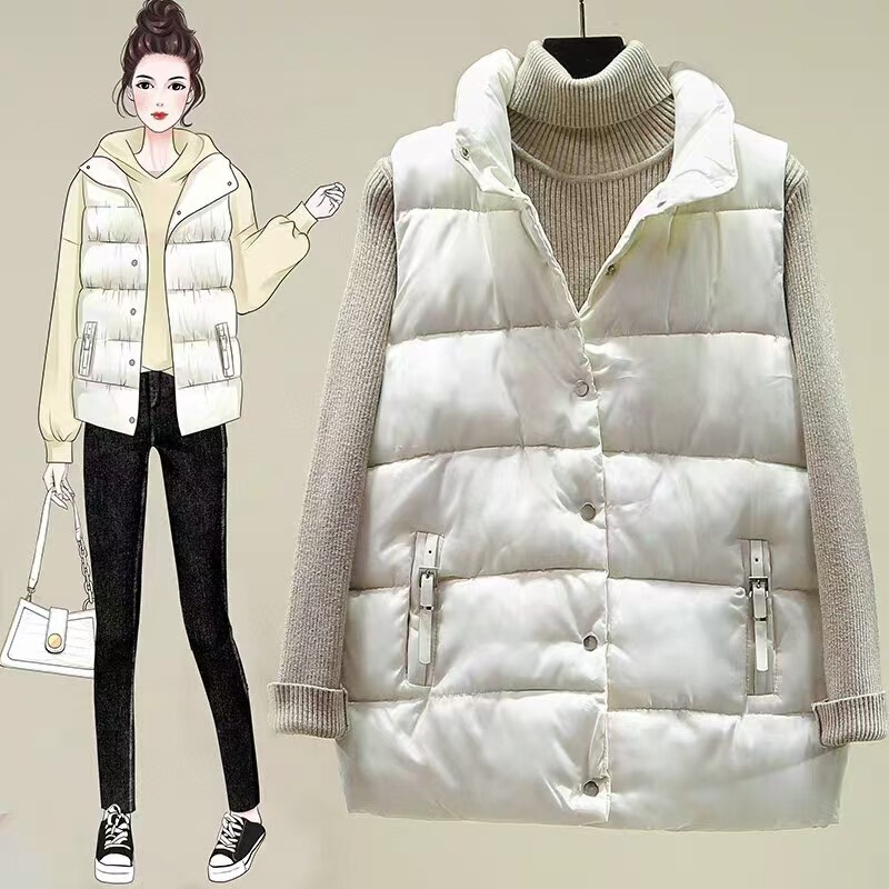 Dongdaemun Down Cotton Pocket Leather Label Vest Autumn and Winter New Solid Color Collar Casual All-match Warm Vest Jacket