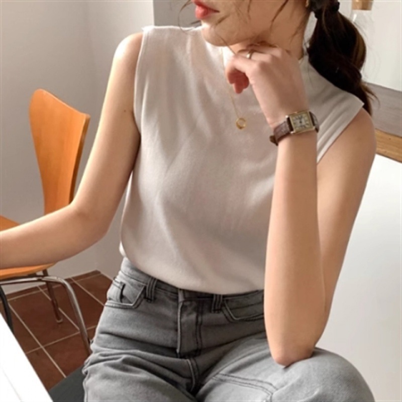 韓国の半高襟のレトロな袖なしのtシャツの上着の夏のメリヤスのベストの女性のスーツの職業の中でカバーをかけます。|undefined