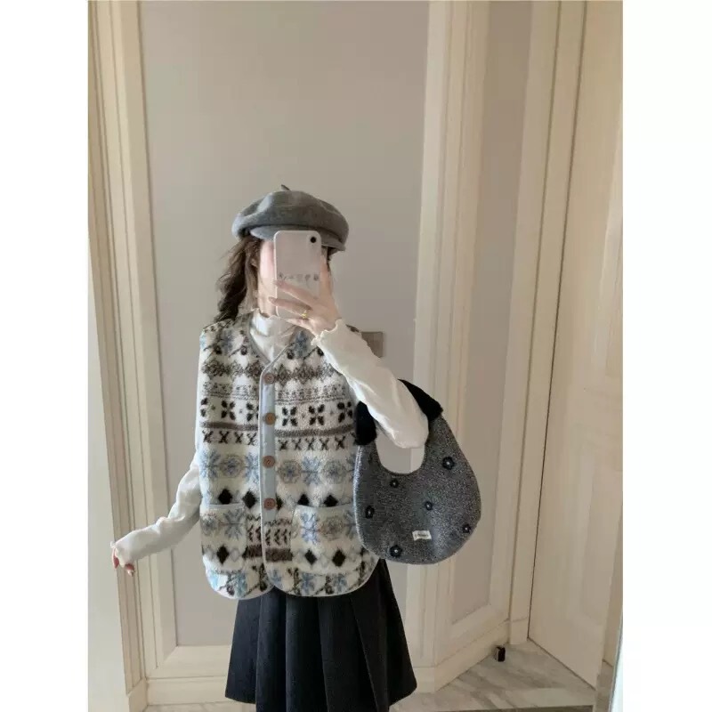 Korean Style Fair Isle Color-Blocking Lambswool Vest for Women, New Winter Versatile Layering Top Wholesale