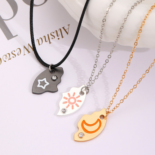 Star, Moon, and Sun Three-in-One Friendship and Sisterhood Alloy and Diamond Plated Two-Piece Necklace Set