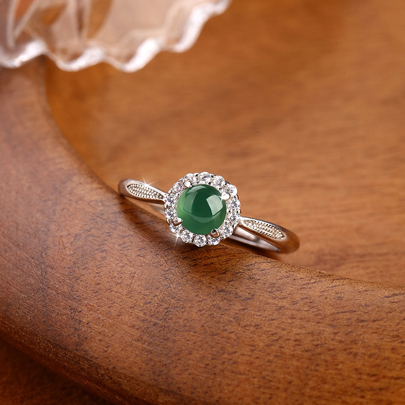 S925 anillo de fideos de huevo de plata esterlina femenino jade natural material peligroso tipo de hielo sensación de frío nuevo anillo chino transmisión en vivo femenino al por mayor