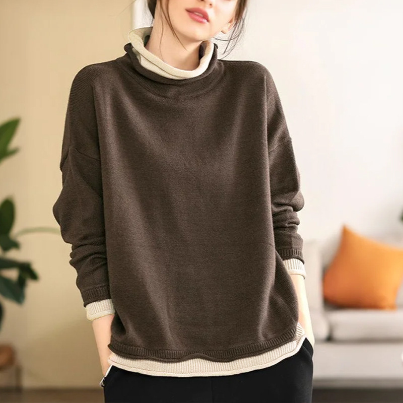 Large Size Autumn and Winter New Cotton Knitted Sweater Contrast Color Fake Two-piece Top Women's Loose Turtleneck Sweater Inner Base Shirt