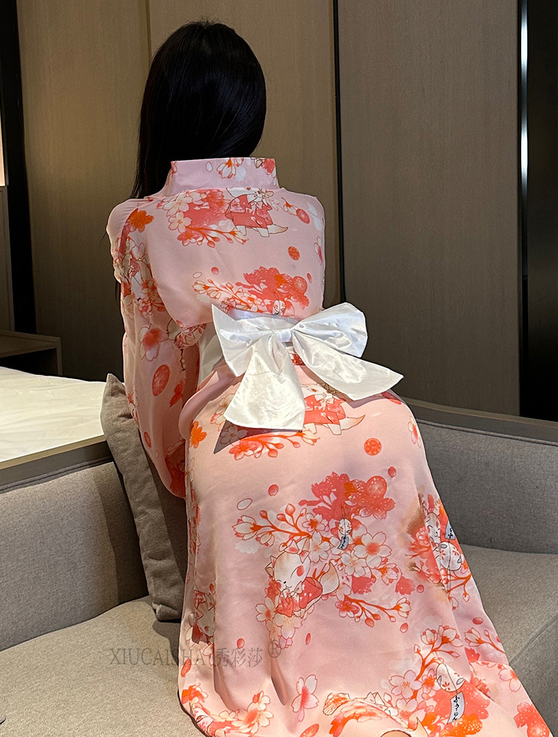 Pink Cherry Blossom Sheer Chiffon Kimono Robe, Japanese-Style Lingerie Cover-up, One Size — detail image 11