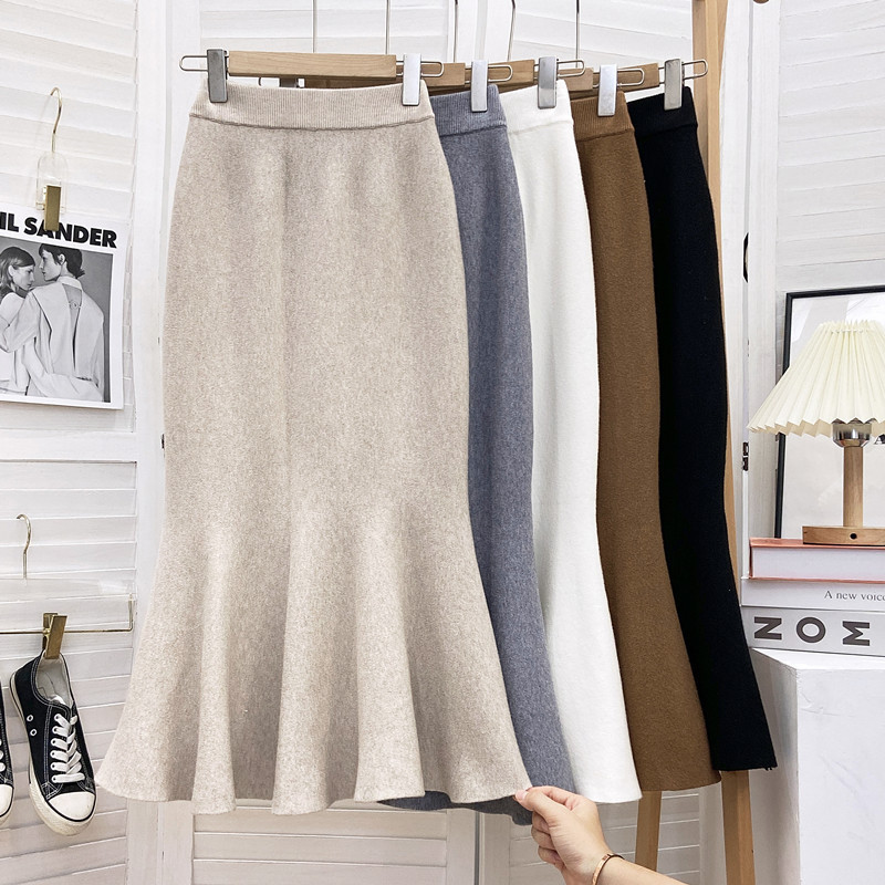 GraceChic Orta Boy Örme Denizkızı Etek Kadınlar İçin 2023 Sonbahar Kış Fransız Retro Çok Yönlü Yüksek Bel Dar Kesim Zarif Yarım Etek_voghion.com