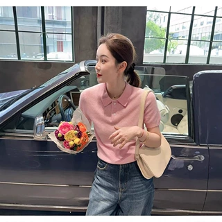 polo领羊毛精纺针织短袖女薄春夏宽松短款毛衣百搭半袖T恤上衣