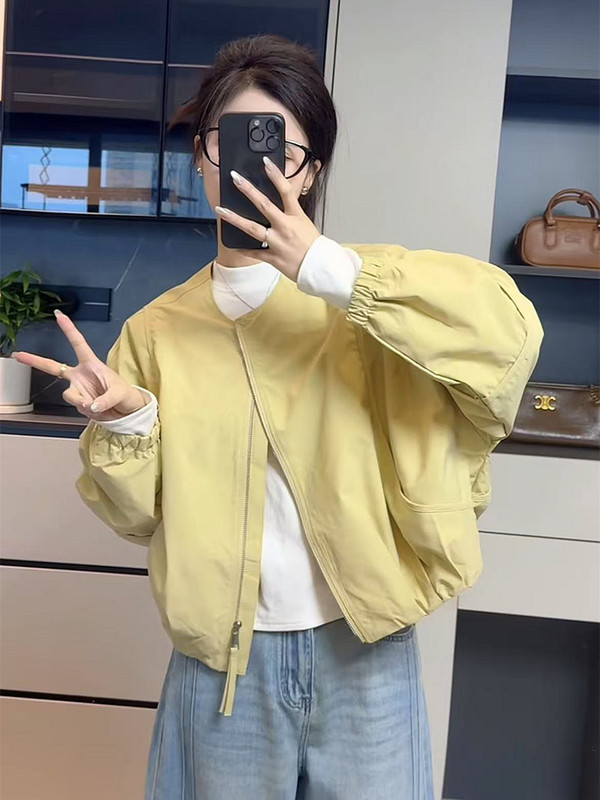 韩版简约圆领纯色短外套女2025秋季新款休闲宽松百搭小个子夹克潮|undefined