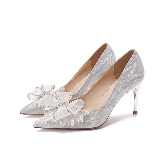 silver Champagne High Heels Bowknot Temperament Socialite French Wedding Shoes Niche High-end Hesu Wedding Dress