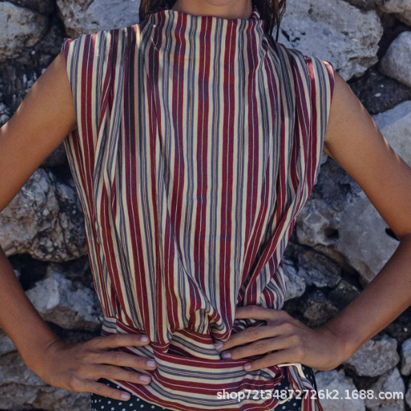 Cross-border European and American wholesale vertical striped sleeveless shirt, women's tie-waist flowing top, elegant style 3564174 Cross-border European and American wholesale vertical striped sleeveless shirt, women's tie-waist flowing top, elegant style 3564174