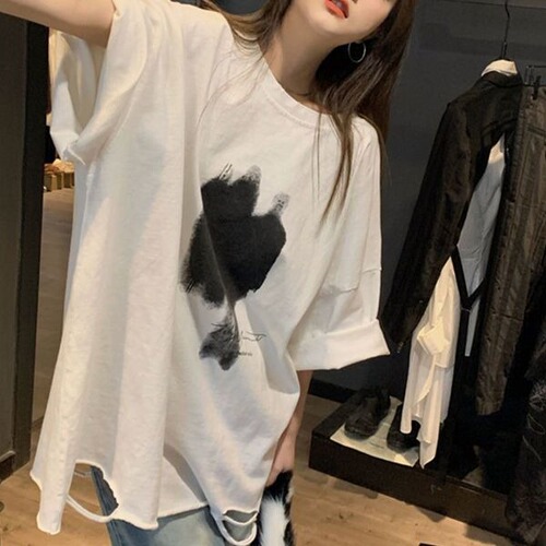Hole Short Sleeve T-Shirt Women Spring Summer 2024 New Loose Slimming Versatile Large Size Base Shirt Top Fashion