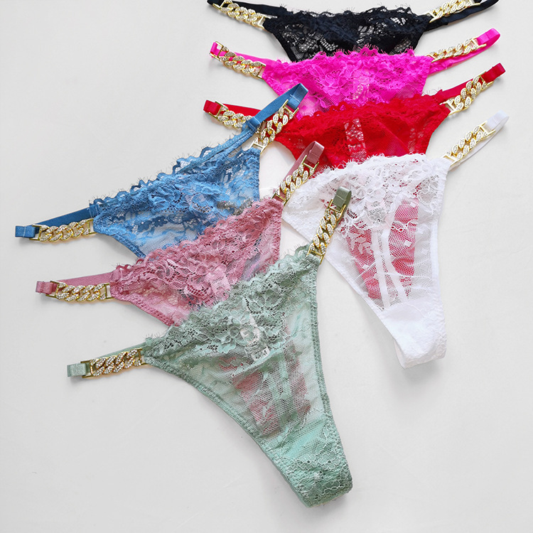 European and American sexy rhinestone metal chain women's thong thin perspective lace T pants thin cotton crotch thong