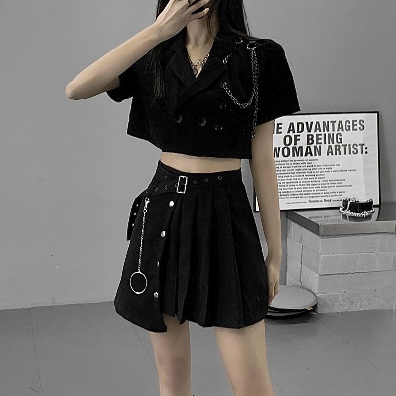 套装女新款jk制服ins暗黑炸街工装短小西装上衣外套+百褶裙两件套|undefined