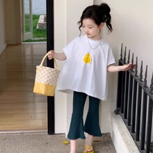 韩版女童夏季水果大黄梨圆领大摆T恤+微喇喇叭裤两件套套装