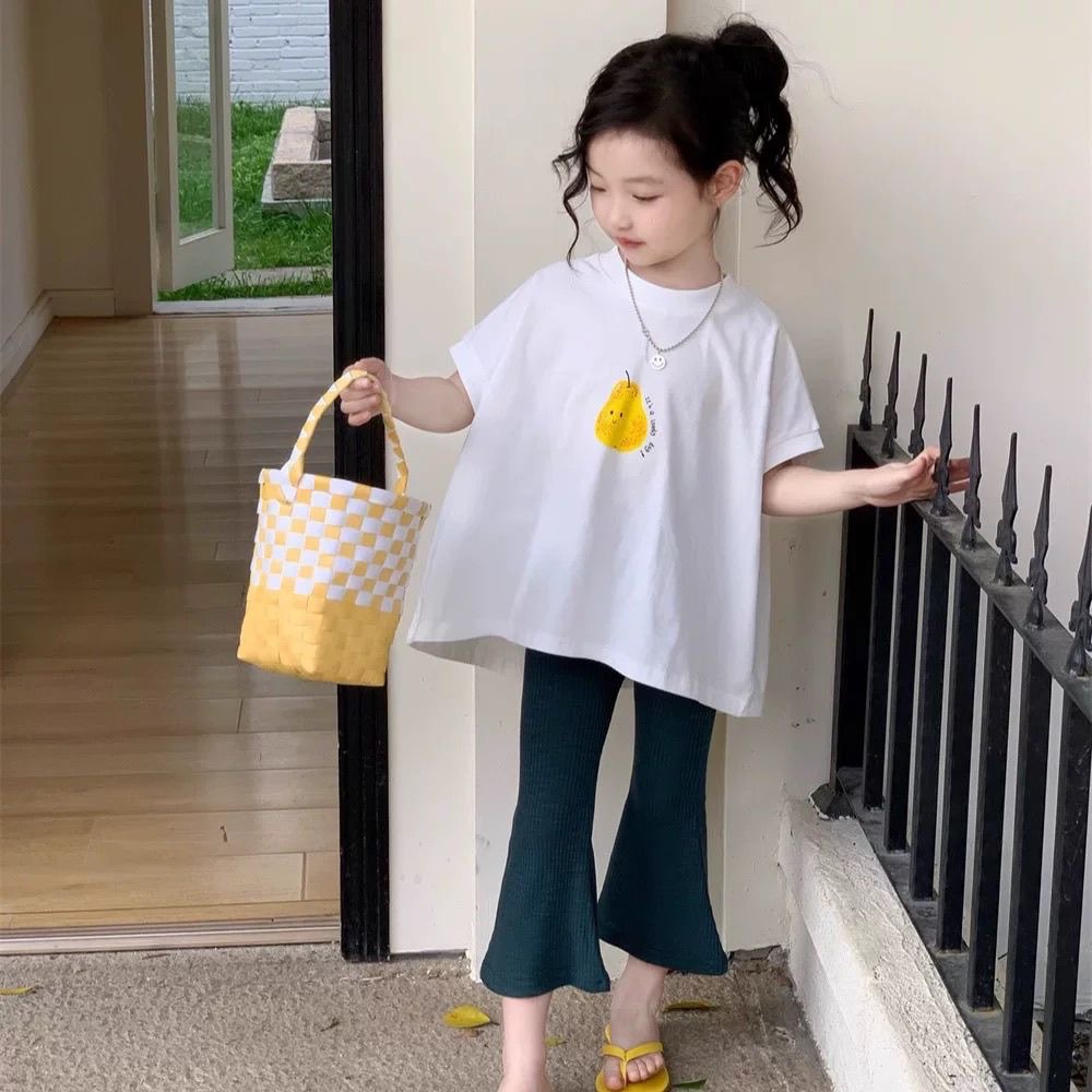 韩版女童夏季水果大黄梨圆领大摆T恤+微喇喇叭裤两件套套装