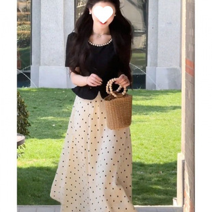 Plus Size Fake Two-Piece French Dress for Women Summer Hepburn Style Retro Skirt Fat mm Belly-Covering Slimming Look Polka Dot Long Skirt