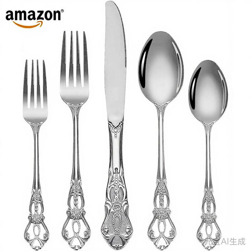 Christmas Gorgeous Vintage Royal Stainless Steel 5-Piece Cutlery Set Silverware Set, Cutlery Includes Forks, Spoons, and Knives