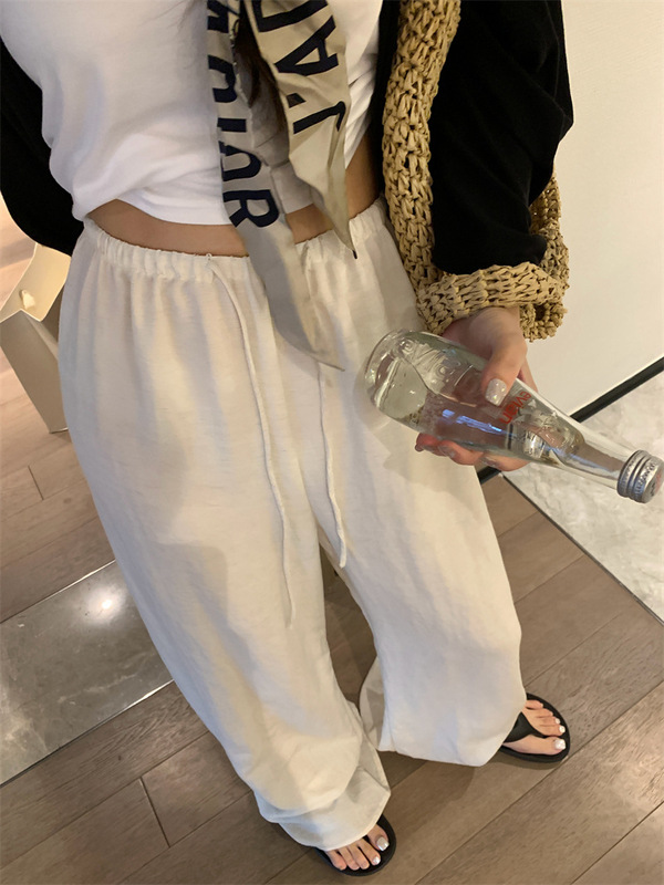 KKSTUDIO テンセルリネン巾着ワイドレッグウォーキングパンツ女性の夏の韓国スタイルの軽くてゆったりとしたフロアレングスカジュアルパンツ|undefined