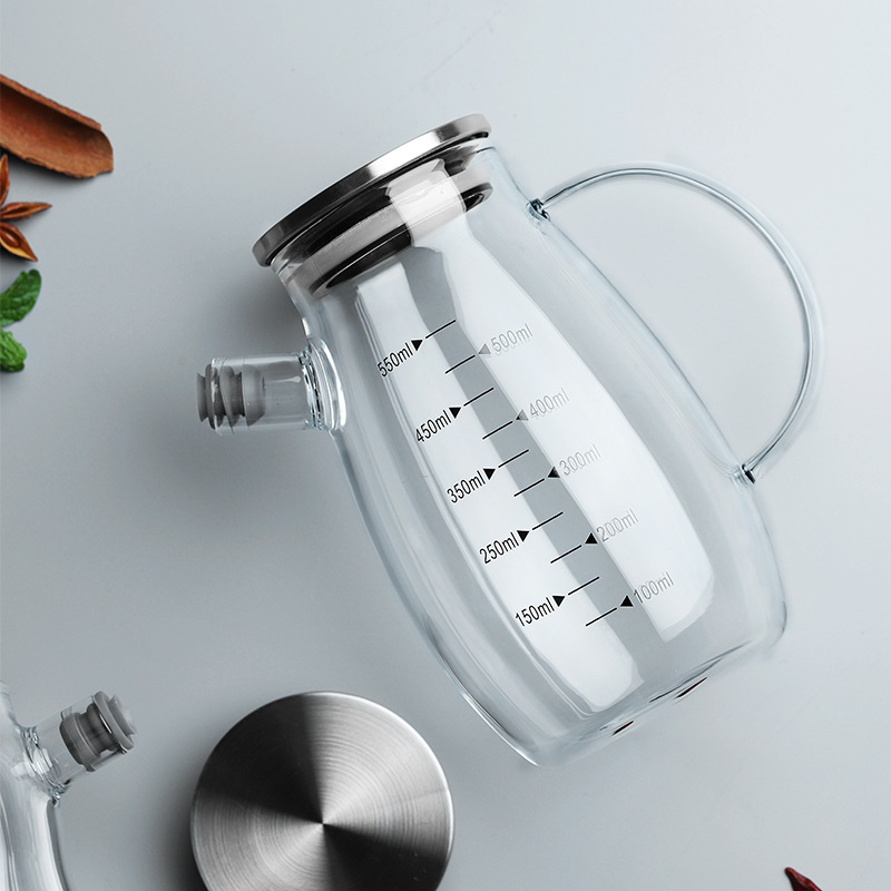 Fabricante al por mayor de recipientes de vidrio para aceite con escala, botella de aceite a prueba de fugas, recipiente para condimentos, salsa de soja, vinagre, recipiente para aceite, suministros de cocina para el hogar