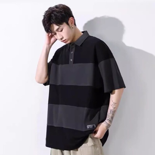 Blue-Striped Polo Shirt Japanese-Style Youth Collared T-Shirt Men's Short Sleeve Couple's Outfit Summer Wear Hong Kong Style Polo Cross-Border