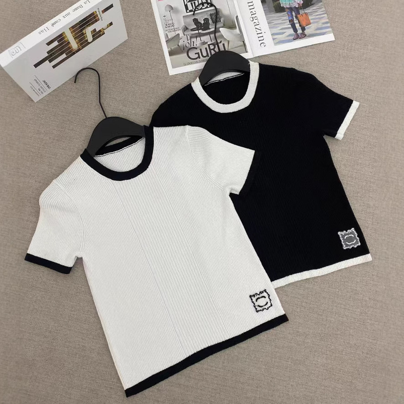Chanel Style High Version 25 Spring and Summer New Jacquard Contrast Color Side Crewneck Short Sleeve Sweater Light Luxury Fashionable Top