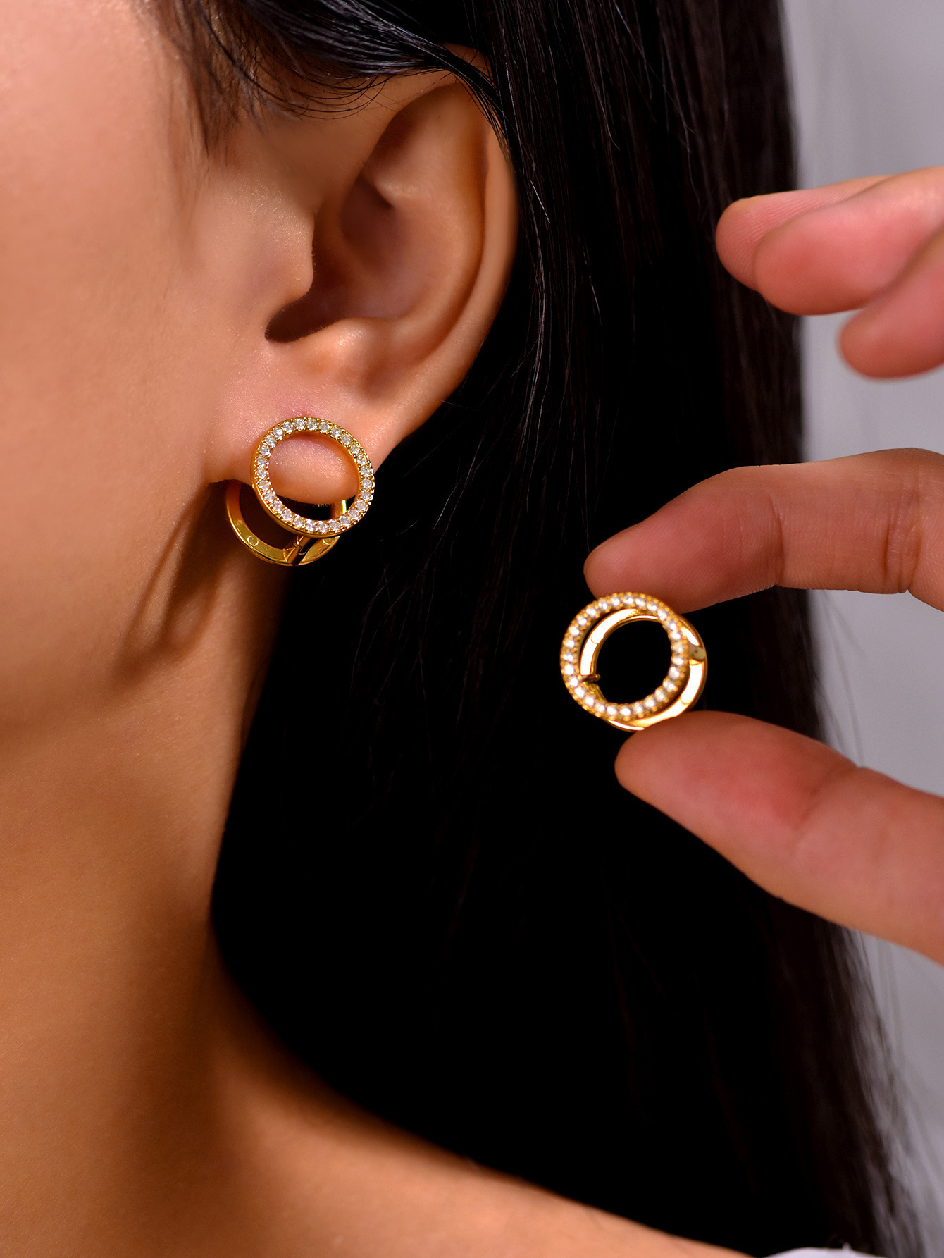 Square Zircon Double Sided Stud Earrings In Gold Stainless Steel_voghion.com