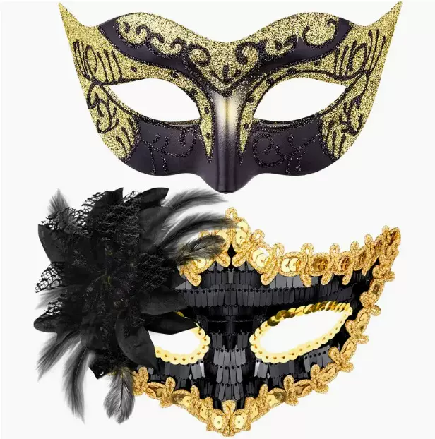 威尼斯彩绘幻影面具万圣节狂欢节派对爵士半脸面具弯角金粉面具