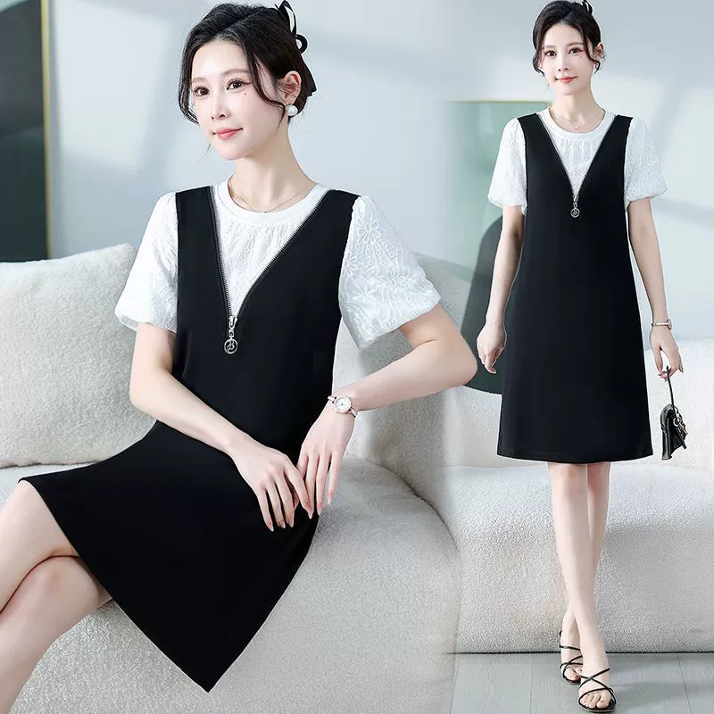 Модное летнее платье-костюм 2025 года, уменьшающее возраст, свободного кроя, скрывающее живот, универсальное, с коротким рукавом.