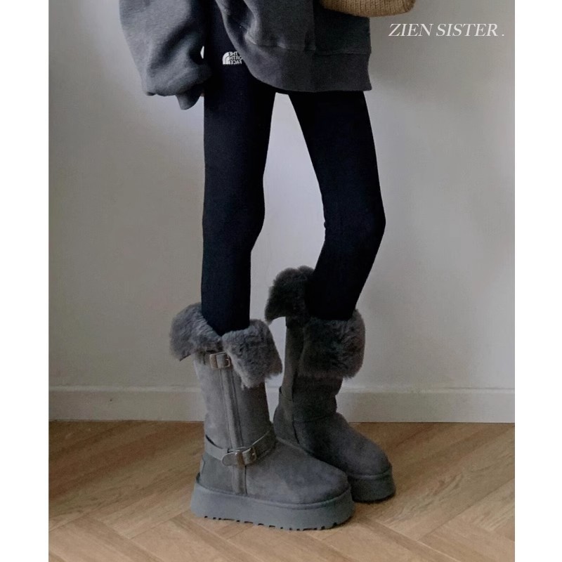 桑坡厚底灰色雪地靴女款2025新款冬季加绒加厚短长筒高筒棉鞋靴子