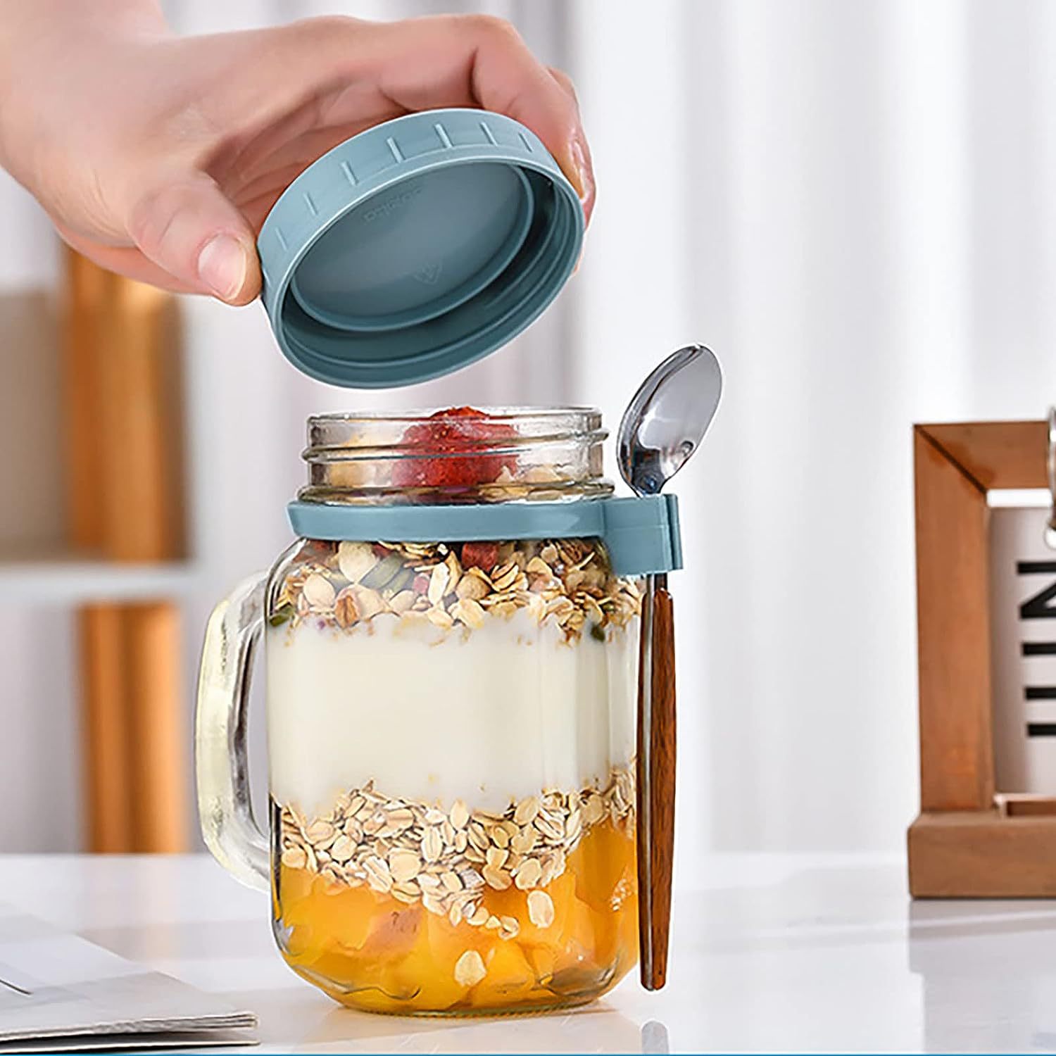 Amazon portátil 16oz desayuno durante la noche avena Mason botella mango taza de vidrio con cuchara con tapa taza de leche