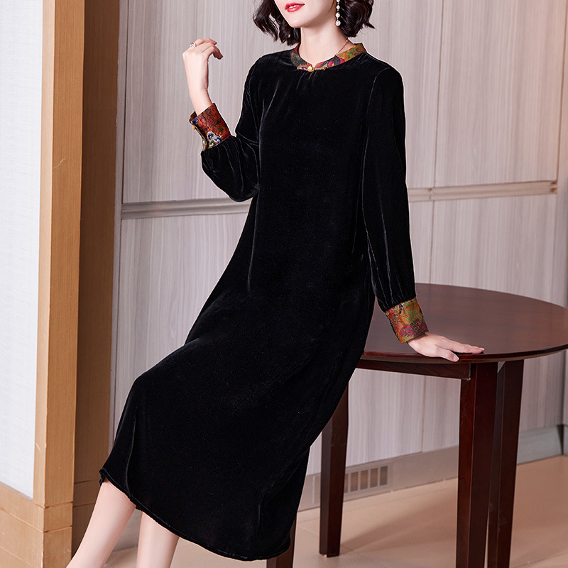 Silk velvet dress 2025 autumn/winter collection, high-quality new Chinese-style stand-up collar loose plus-size dress, direct from the factory