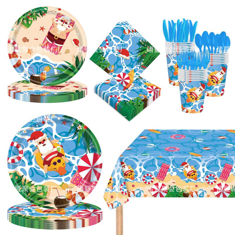 New Hawaiian Beach Pool Party Decorative Tableware Tablecloth suit Santa Disposable Paper Plate Tissue