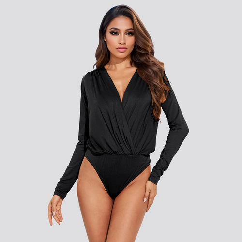 European and American-style women's clothing, 2024 autumn new arrival—sexy V-neck slim-fit base-layer spliced long-sleeved jumpsuit, wholesale for foreign trade.