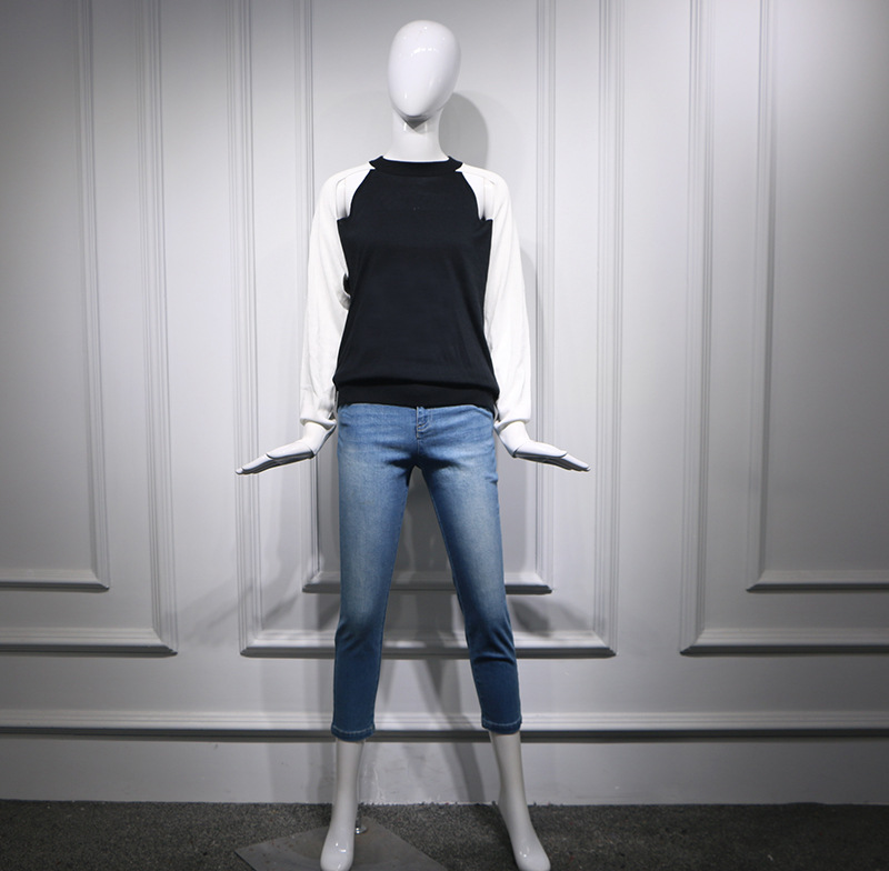 明星倪妮朱锁锁同款黑白拼接露肩长袖针织上衣气质显瘦牛仔裤女潮|ru