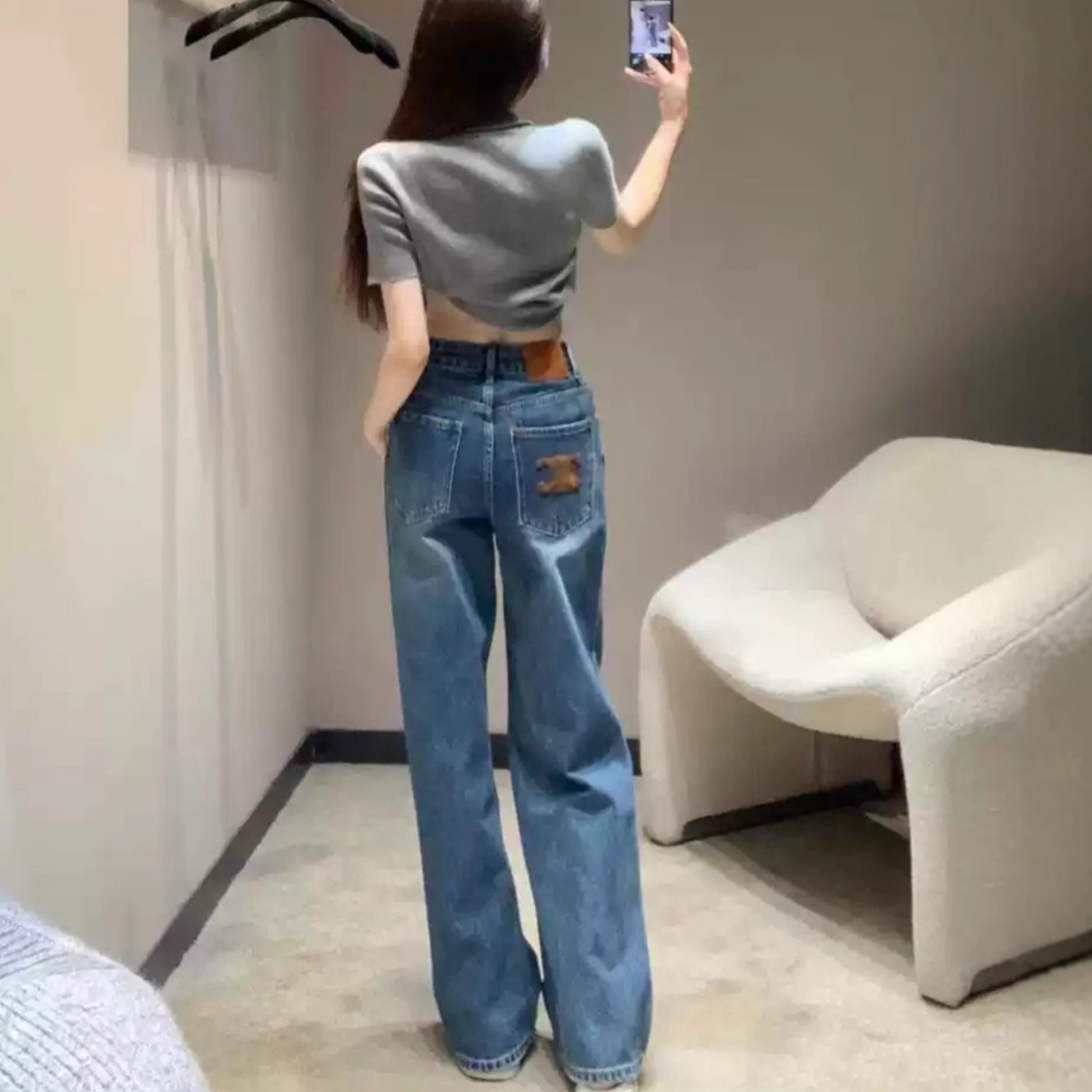 Nanyou Quality Arc De Triomphe Embroidered Leather Brand Blue Jeans Women's Spring & Fall New Straight Casual High-Waisted Wide-Leg Pants