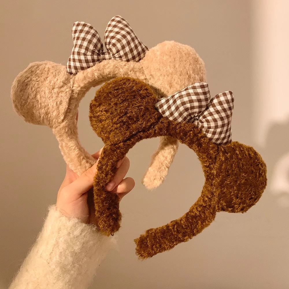 Cute bow bear ears plush headband female face wash hairy headband cartoon go out to take pictures hair accessories_voghion.com