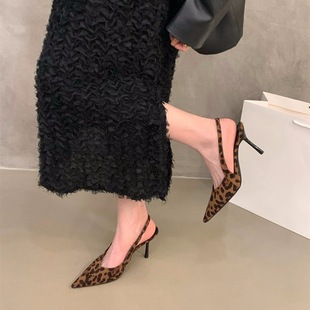 Niche French Leopard High Heels Toe Sandals Fairy Shoes 2025 New Spring and Summer Suede Pointed Shoes