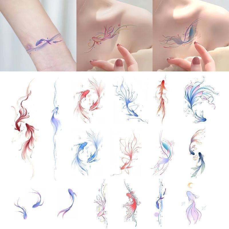 Koi Tattoo Sticker Goldfish Carp Color Waterproof Long-lasting Personality Flower Arm Sweet Cool Spice Girl Wrist Tattoo Sticker