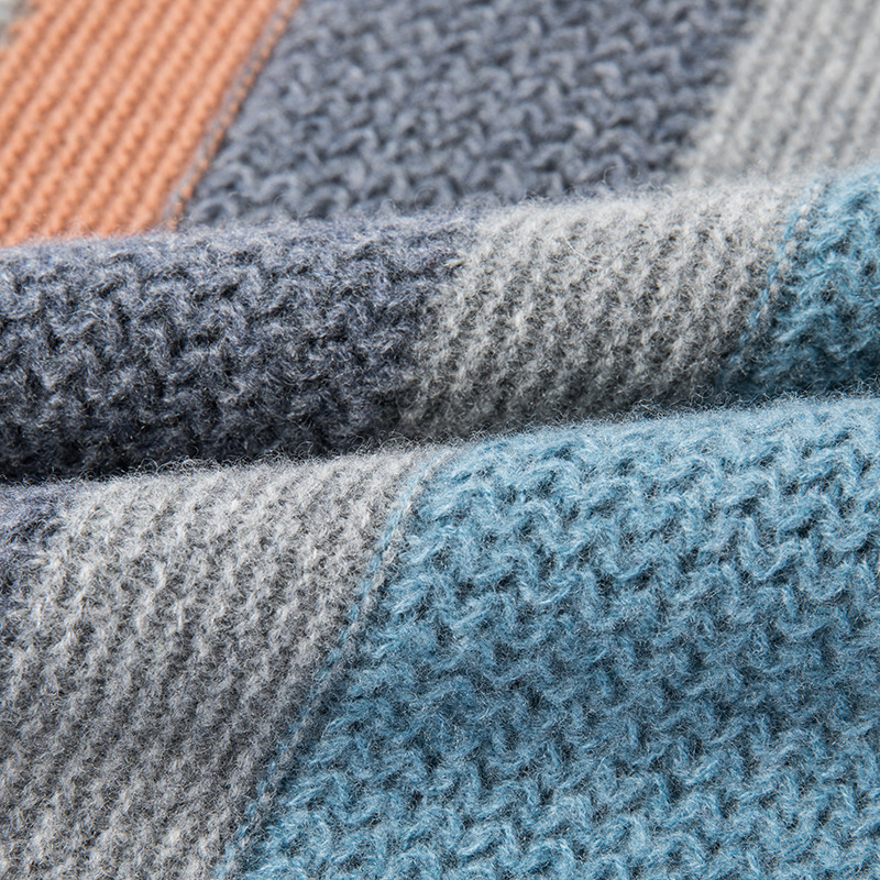 7 핀 두꺼운 100 순수 울 스웨터 남자 크루 넥 컬러 블록 니트 스웨터 젊은 및 중년 패션 스트라이프 따뜻한 스웨터