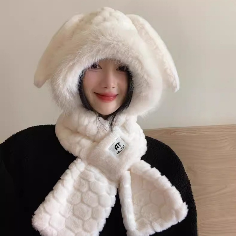 Cute Bunny Scarf Combo For Women Winter Korean Style Face Slimming Fleece Lined Thickened Plush Ear Protection Lei Feng_voghion.com