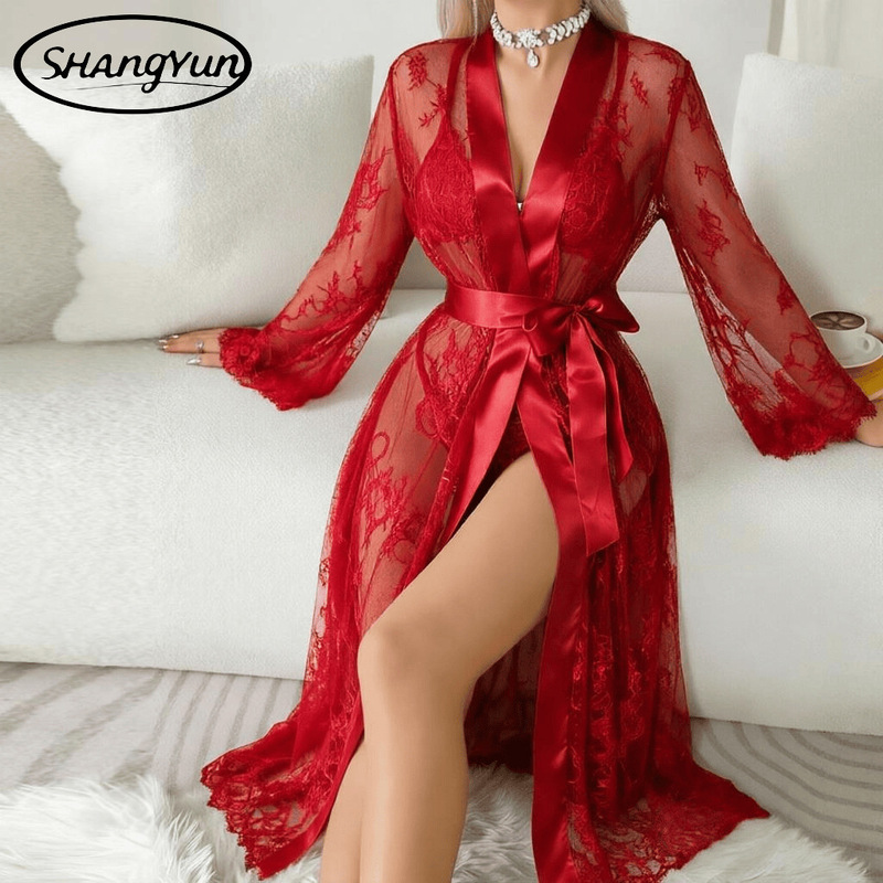 Cross-Border European and American New Style Sexy Lingerie, Sexy See-Through Pajamas, Women's Summer Lace Mesh Nightgown, Sexy Set Wholesale