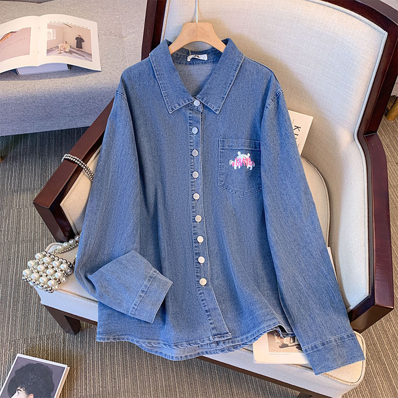 Clearance Sale 66054 Plus-Size Women's Elastic Denim Polo Shirt Jacket Spring/Summer Loose Fit Clearance Sale 66054 Plus-Size Women's Elastic Denim Polo Shirt Jacket Spring/Summer Loose Fit