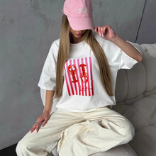 慵懒风时尚个性简约甜美少女心龙虾印花夏季新款纯棉短袖t恤上衣