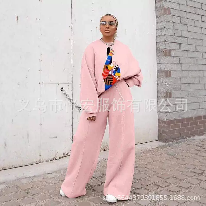 欧美跨境新款3D印花卫衣套装女直筒裤两件套