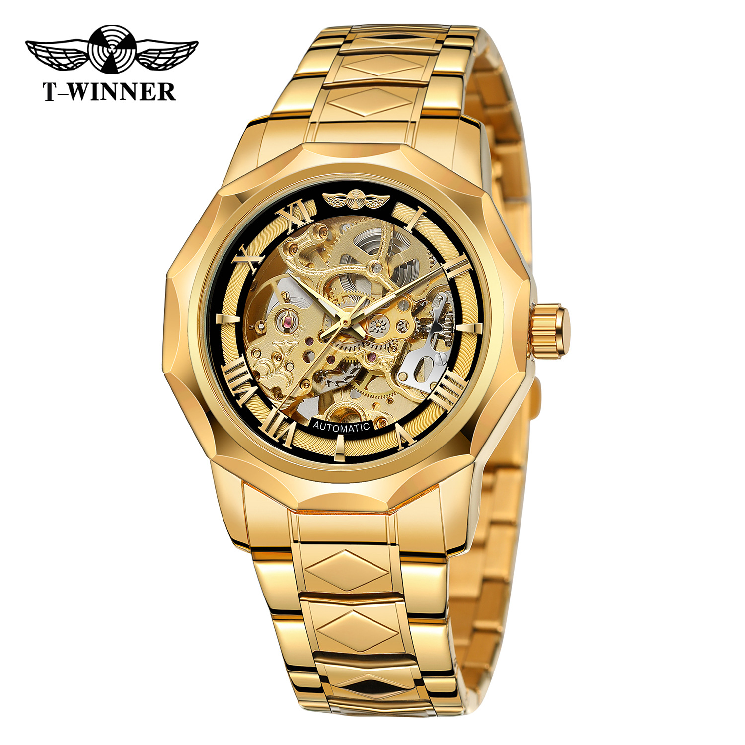Nuevo ganador de polígono europeo y americano reloj mecánico de los hombres moda casual hueco de fondo transparente reloj automático