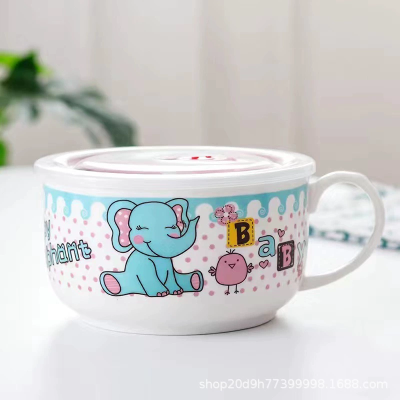 Microwave ceramic noodle bowl with lid and handle, 5.25″ and 6″, cute printed designs