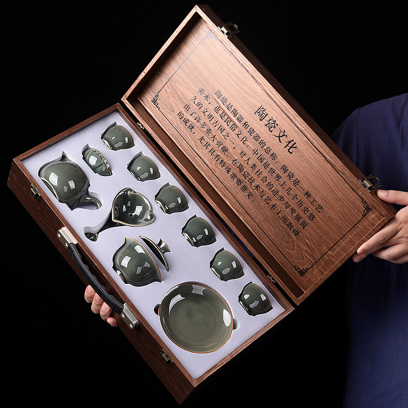 Ceramic tea set with logo, home office souvenir, welfare festival business gift, Ge Kiln Kung Fu tea set