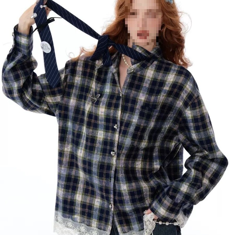 American Retro Autumn and Winter American Design Lace Splicing Plaid Loose Blue Plaid Shirt Jacket for Women